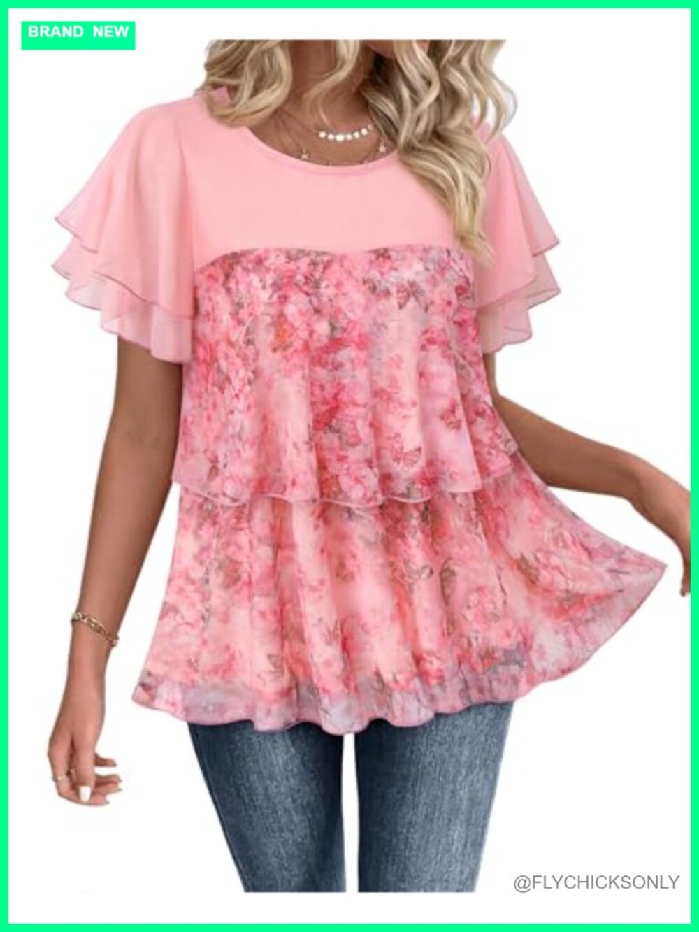 Womens Floral Mesh Ruffle Short Sleeve Tunic Blouse Babydoll Top